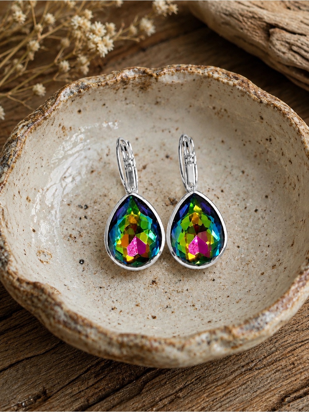ParkilyThings Rainbow Vitrail Teardrop Crystal Earrings – silver leverback